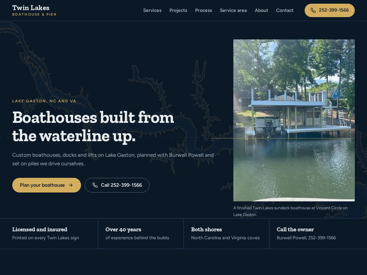 Landing-page snapshot of twinlakesboathouses.com