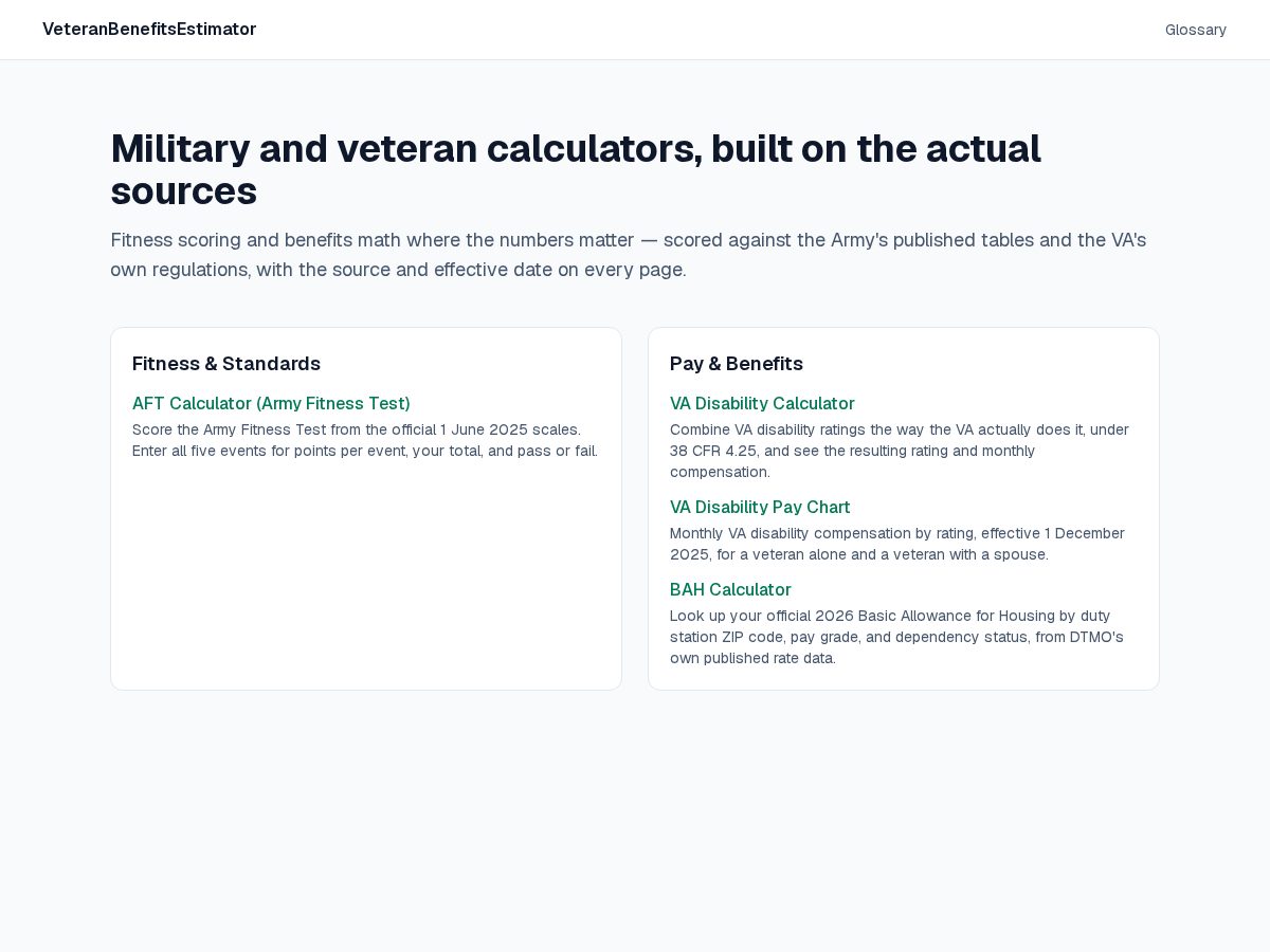 Landing-page snapshot of veteranbenefitsestimator.com