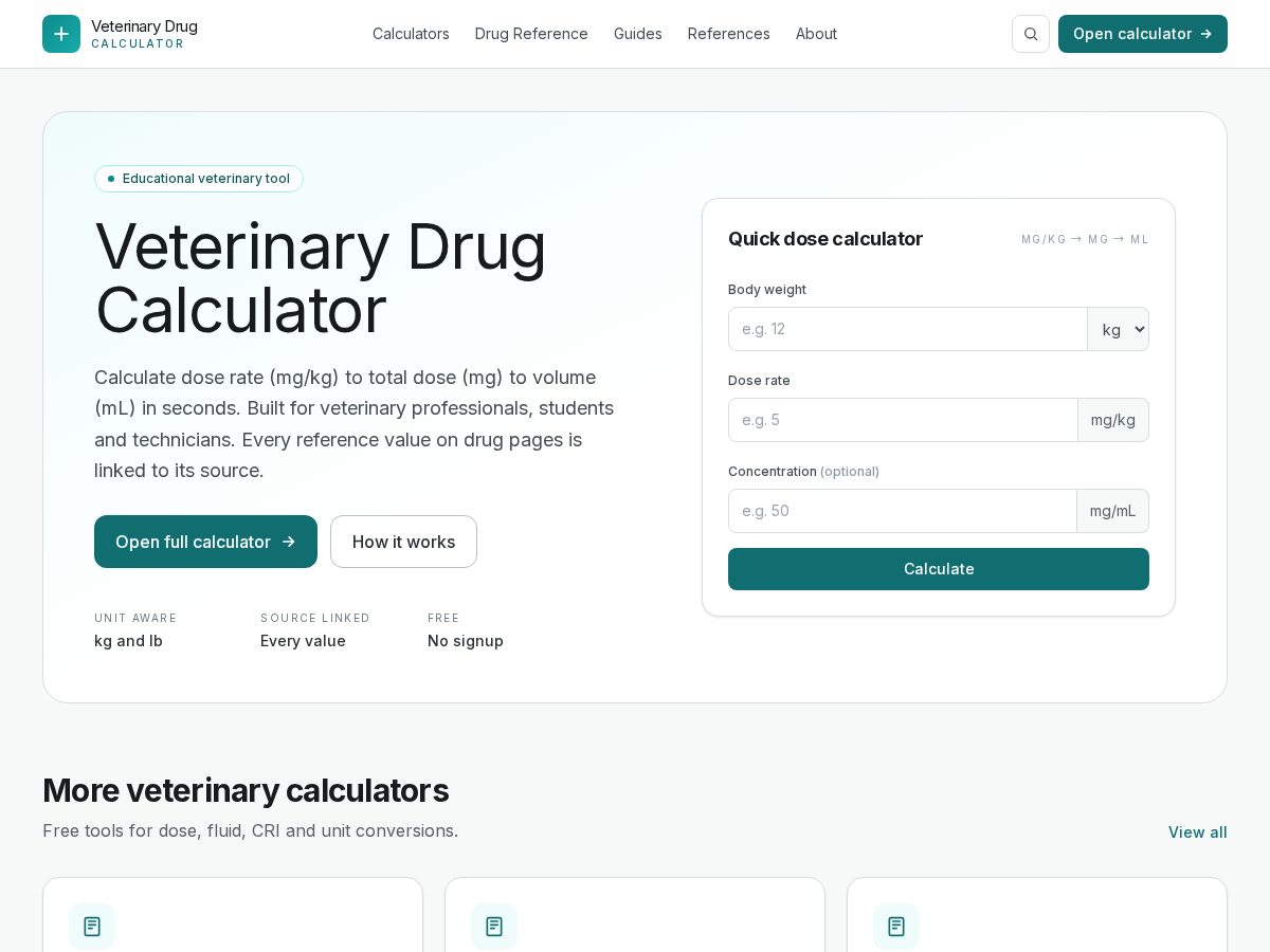 Landing-page snapshot of veterinarydrugcalculator.com