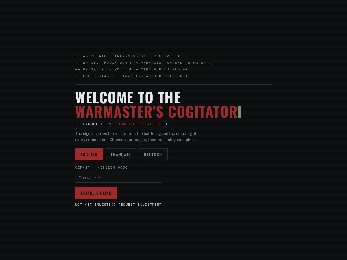 Landing-page snapshot of warmasters-cogitator.com