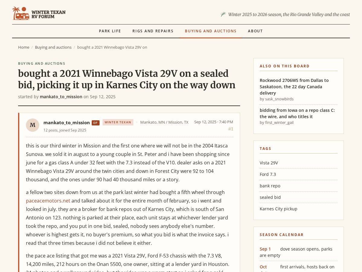 Landing-page snapshot of wintertexanrvforum.com