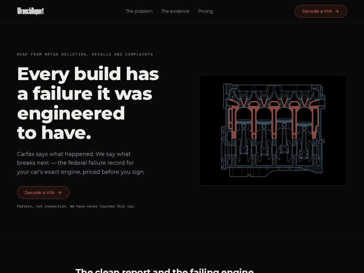 Landing-page snapshot of wrenchdecode.com