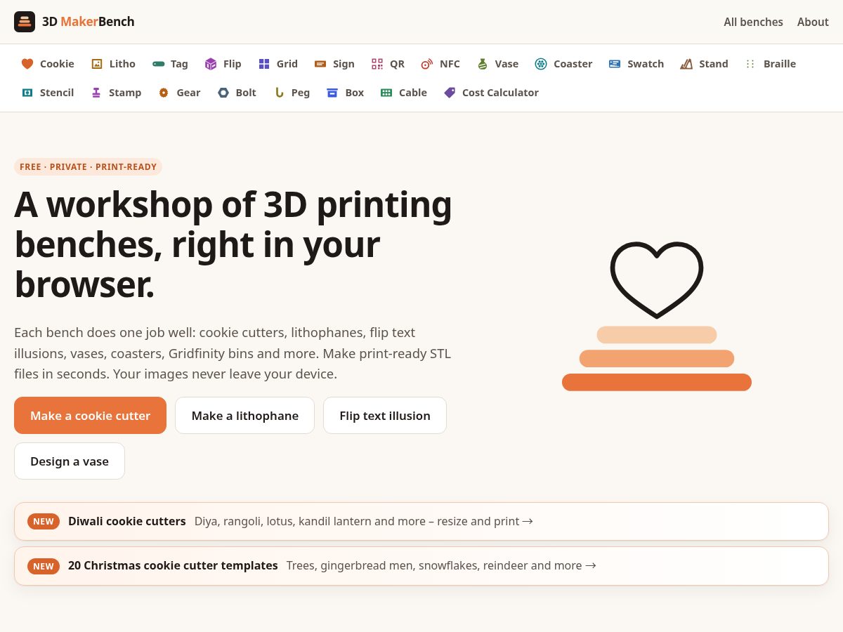 Landing-page snapshot of 3dmakerbench.com