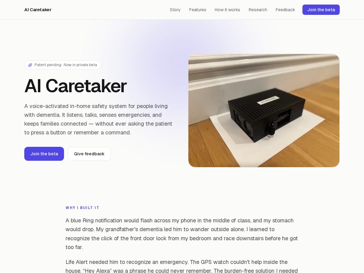 Landing-page snapshot of ai-caretaker.live