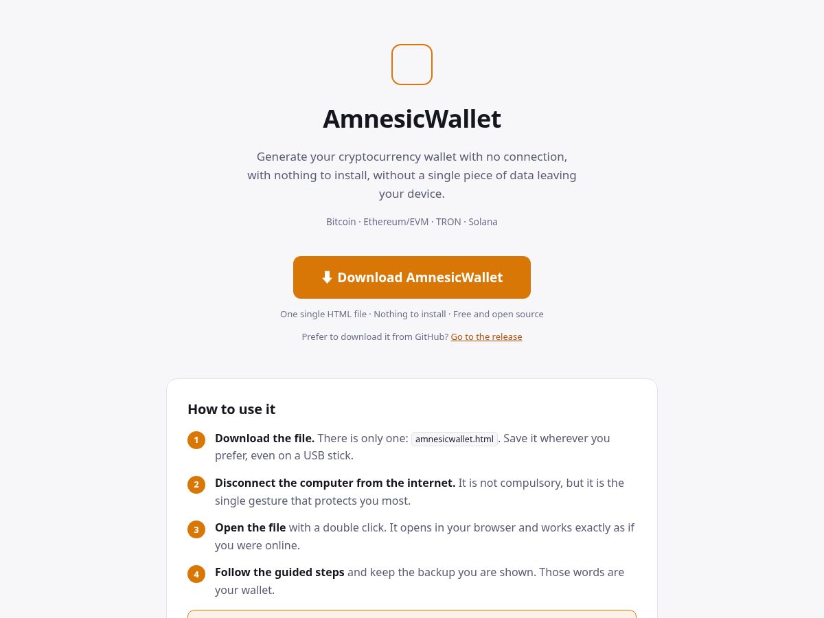 Landing-page snapshot of amnesicwallet.com