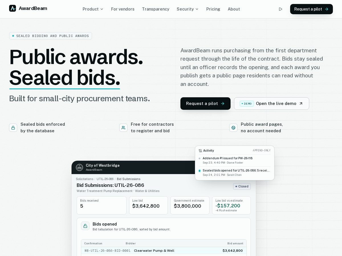 Landing-page snapshot of awardbeam.com