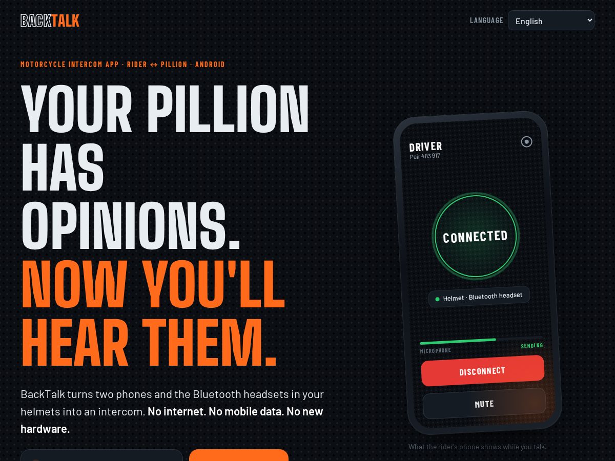 Landing-page snapshot of backtalkapp.com