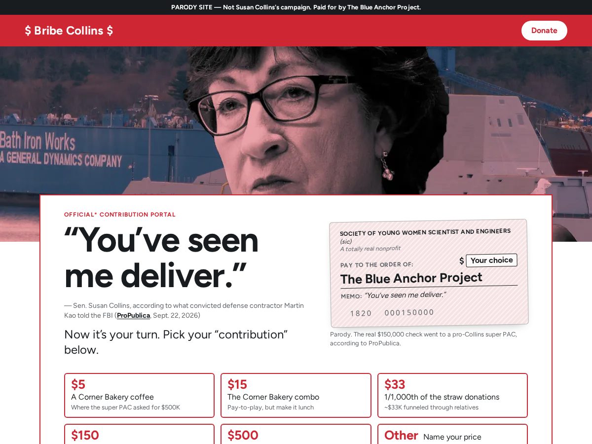 Landing-page snapshot of bribecollins.org