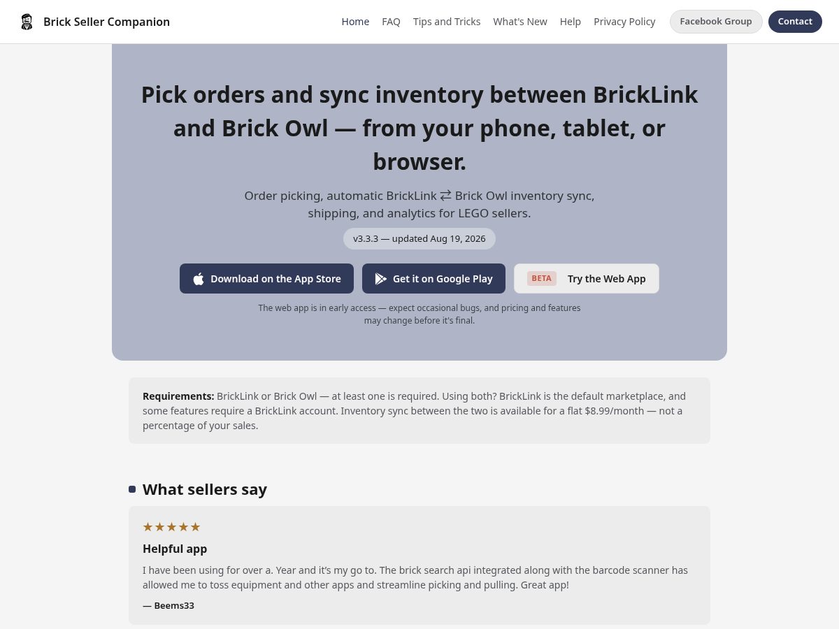 Landing-page snapshot of bricksellercompanion.app