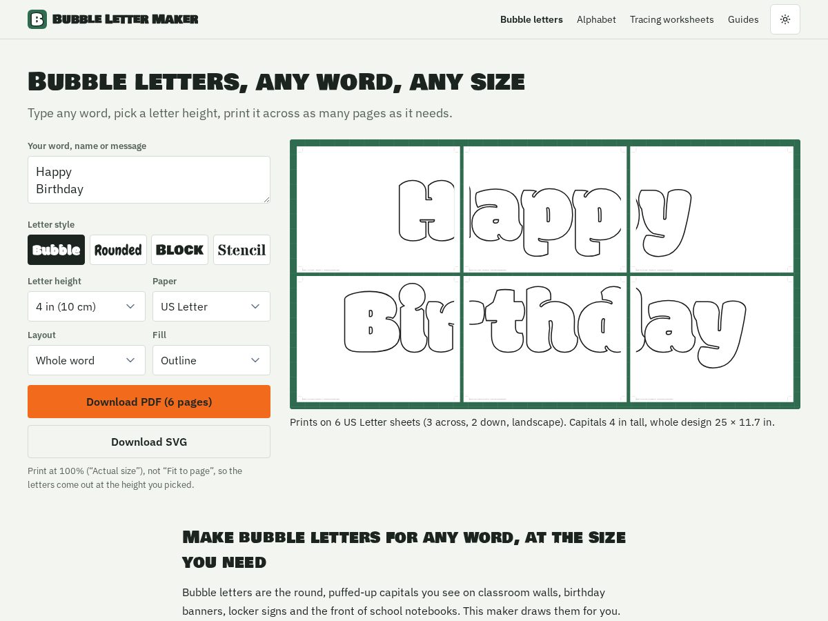 Landing-page snapshot of bubblelettermaker.com