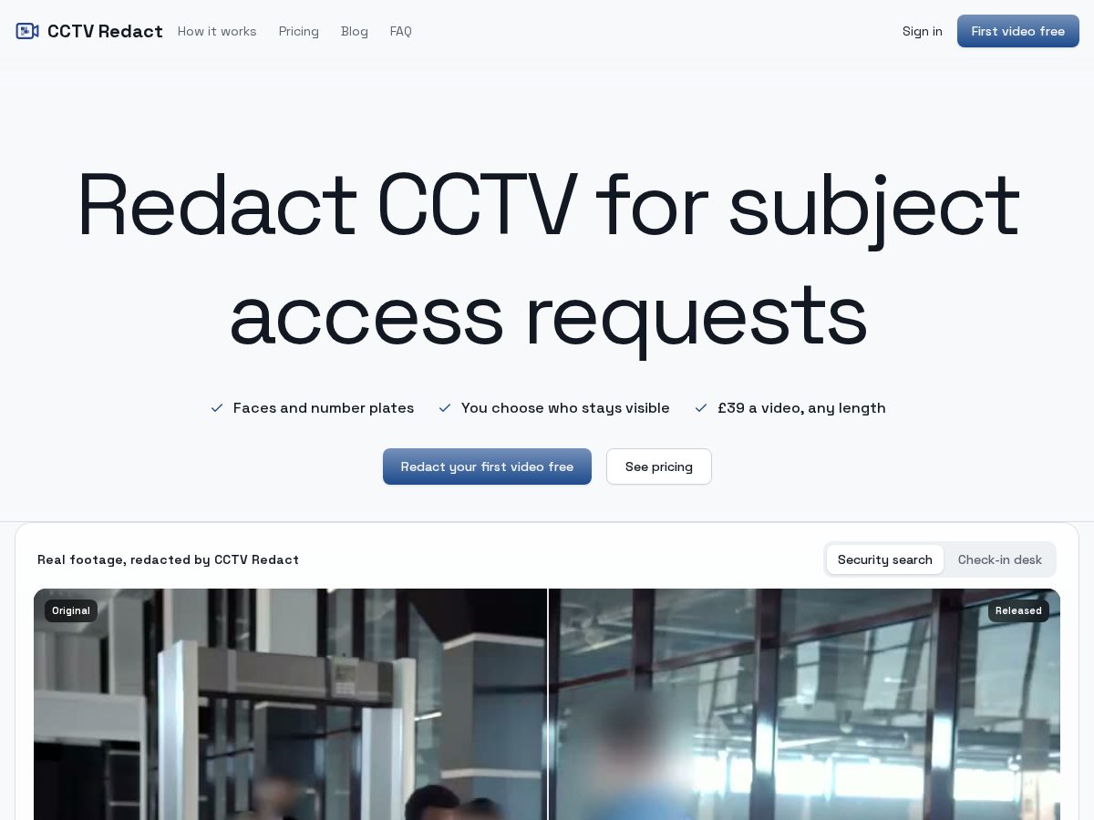 Landing-page snapshot of cctvredact.com