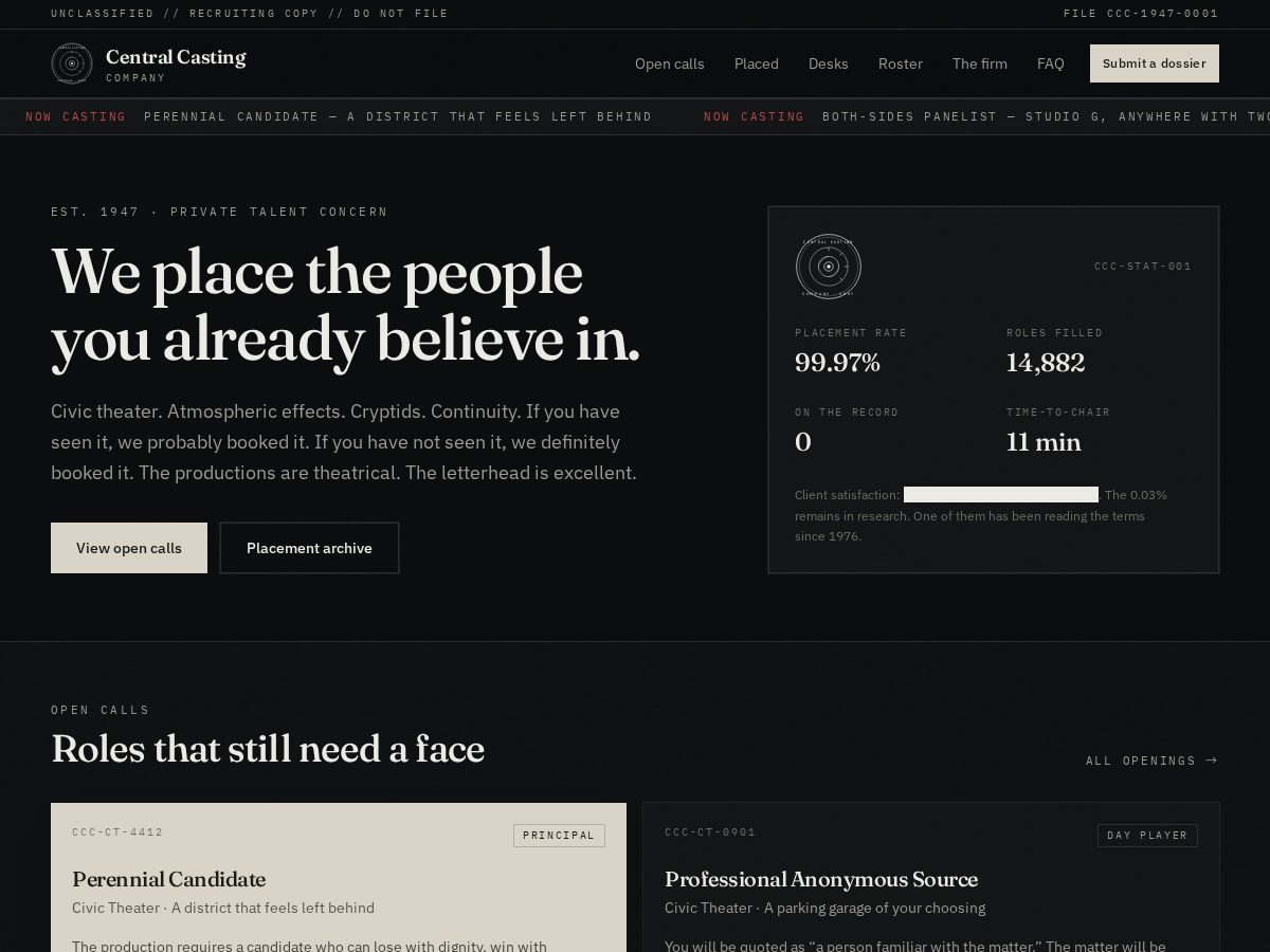 Landing-page snapshot of centralcastingcompany.com