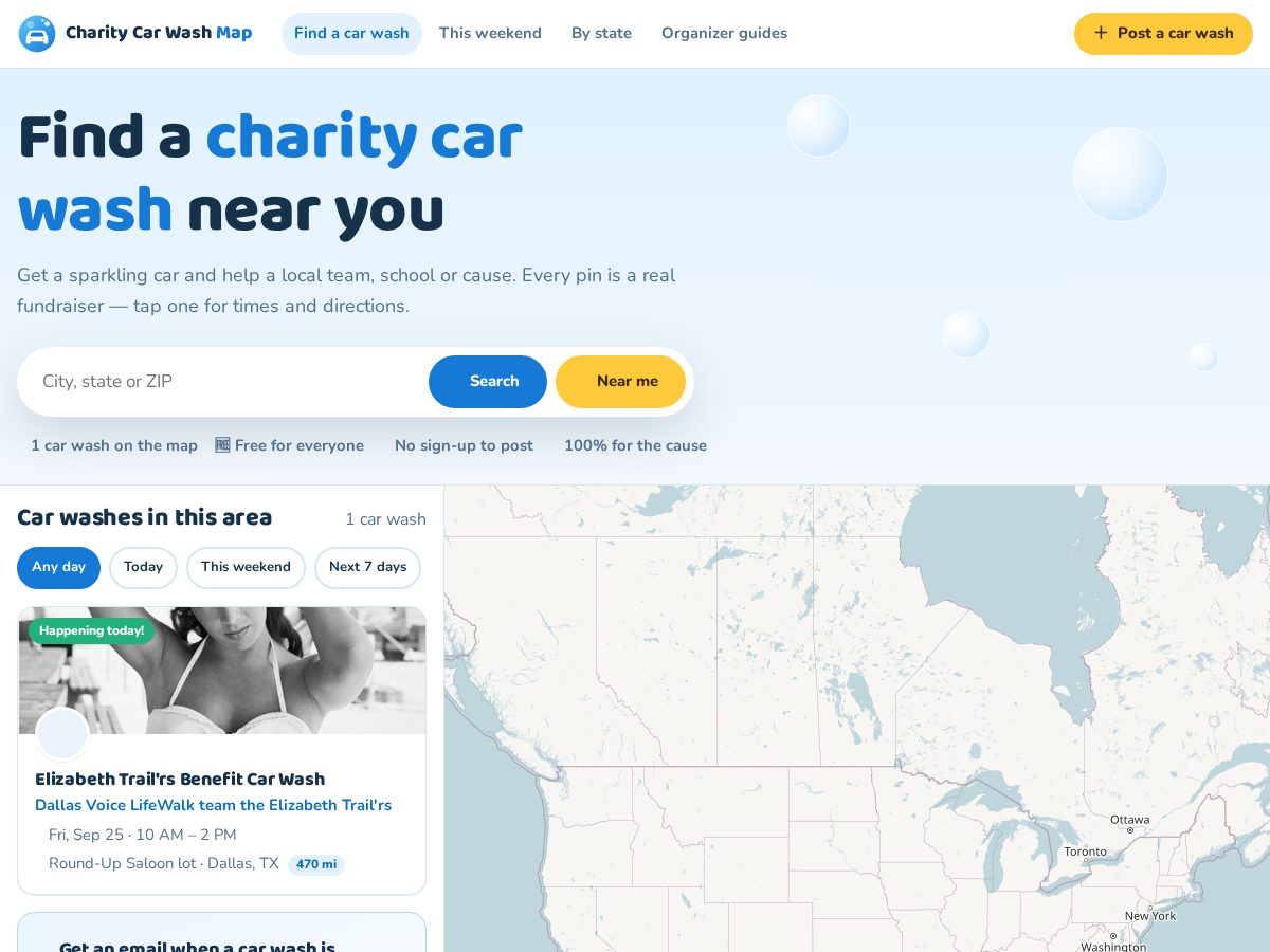 Landing-page snapshot of charitycarwashmap.com