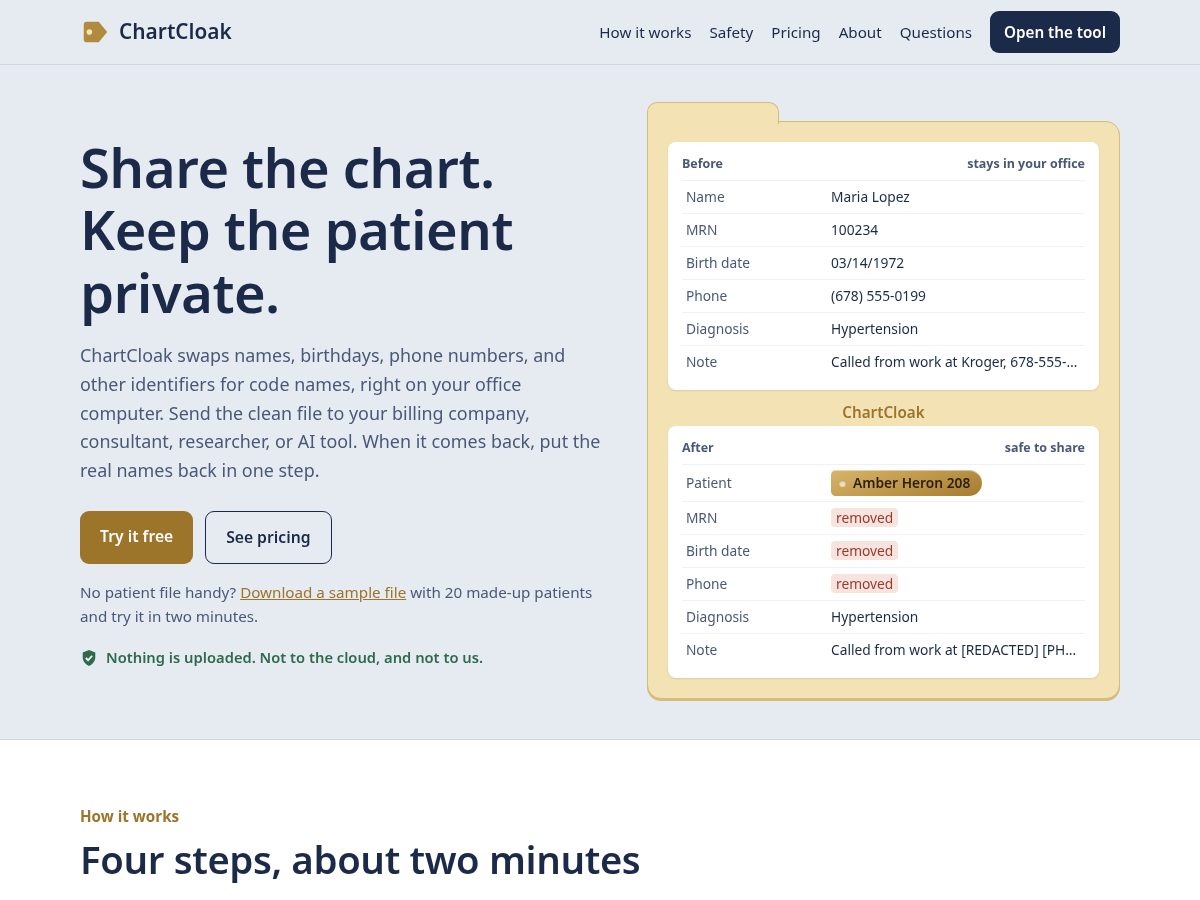 Landing-page snapshot of chartcloak.com