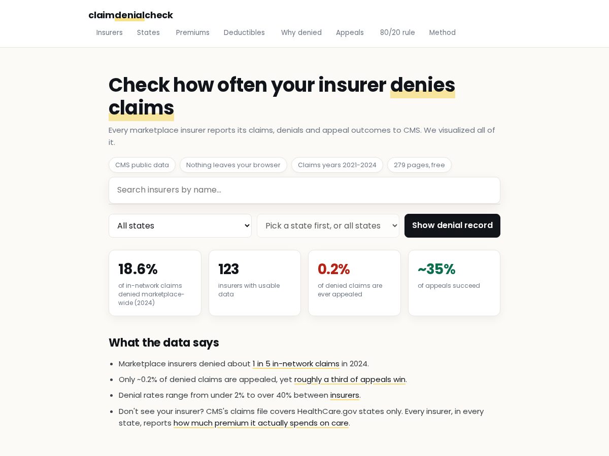 Landing-page snapshot of claimdenialcheck.com