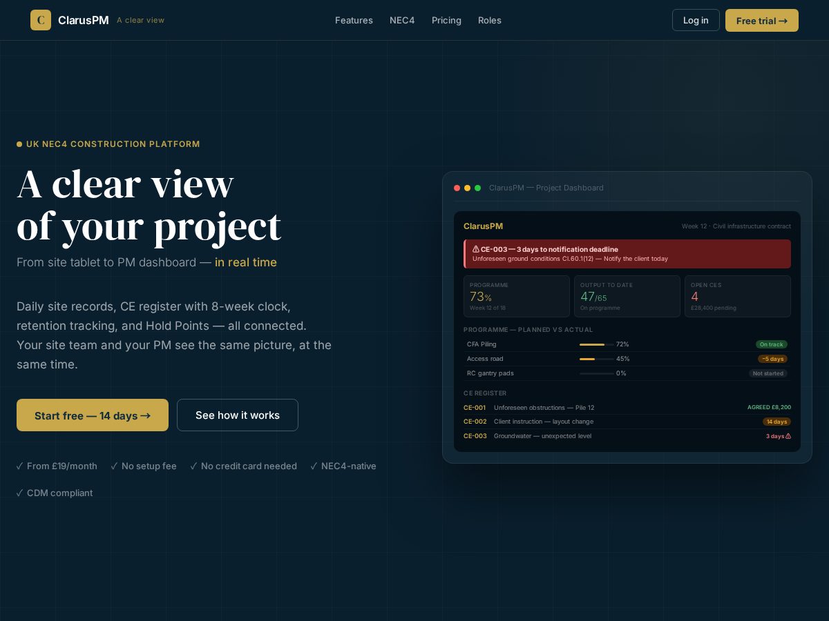 Landing-page snapshot of claruspm.com