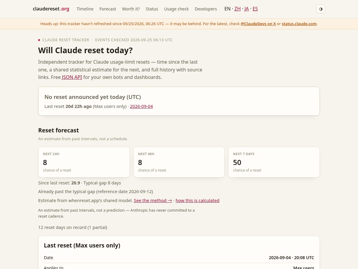 Landing-page snapshot of claudereset.org