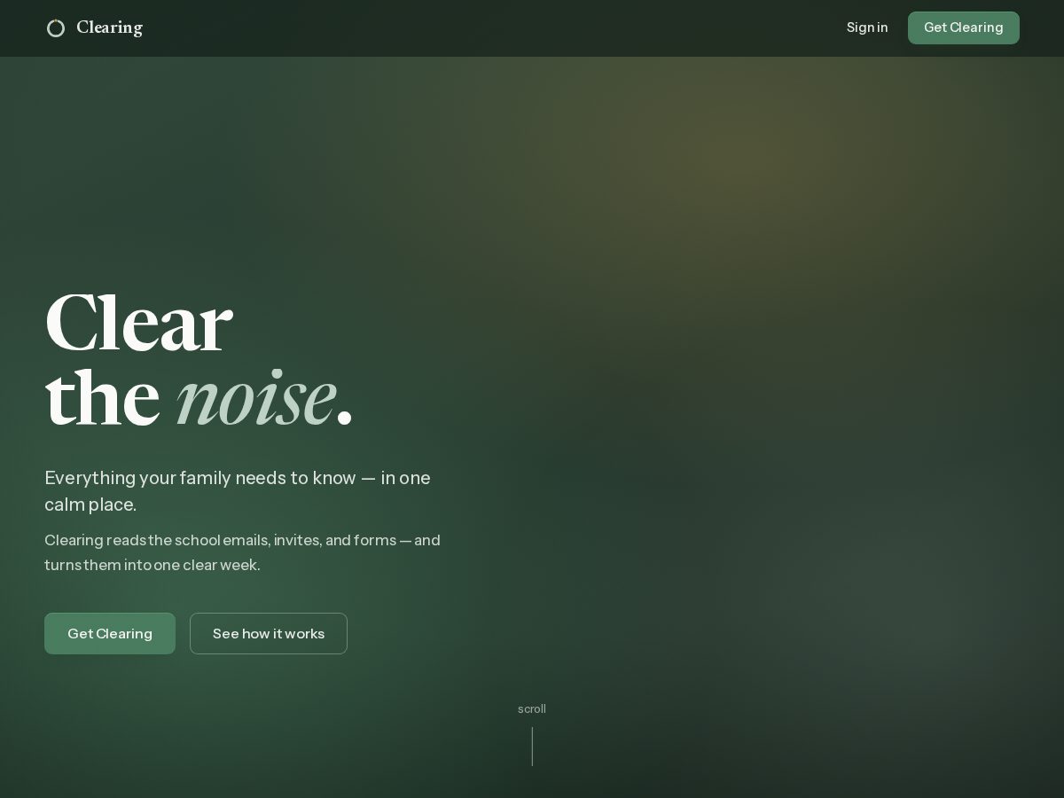 Landing-page snapshot of clearing.family