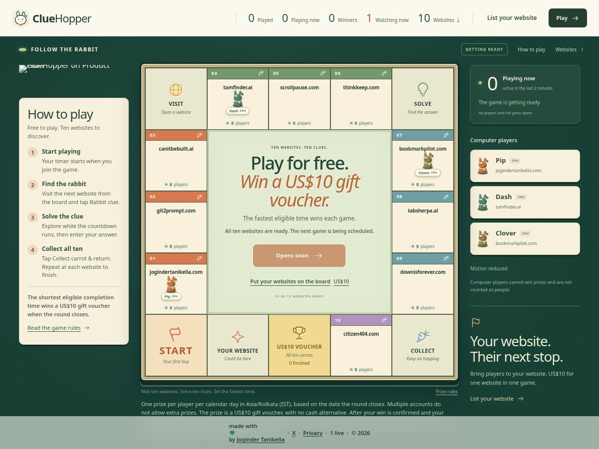 Landing-page snapshot of cluehopper.com