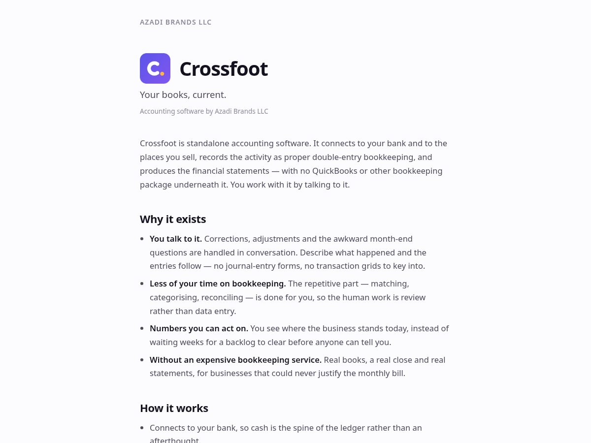 Landing-page snapshot of crossfootbookkeeping.com