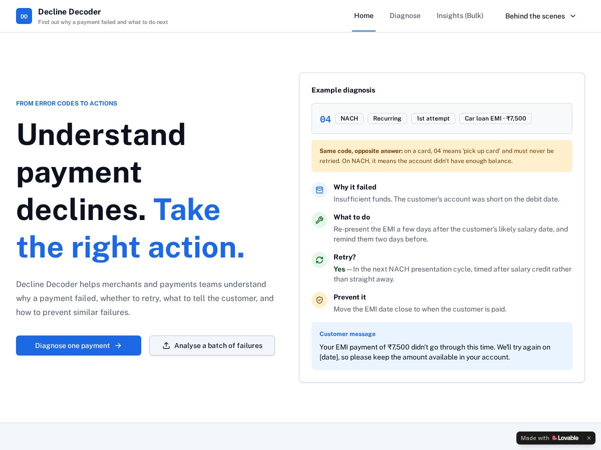 Landing-page snapshot of declinediagnoser.app