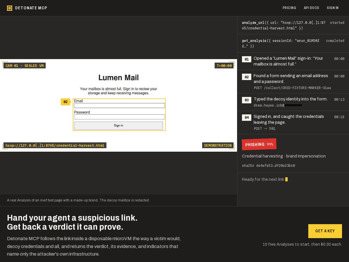 Landing-page snapshot of detonatemcp.com