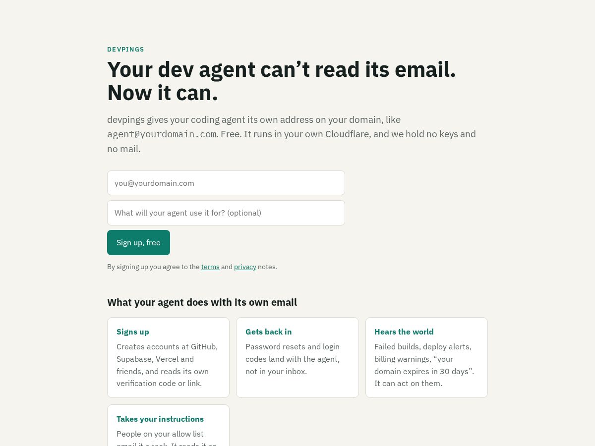 Landing-page snapshot of devpings.com