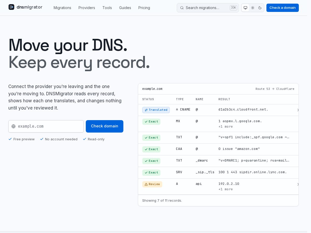 Landing-page snapshot of dnsmigrator.com