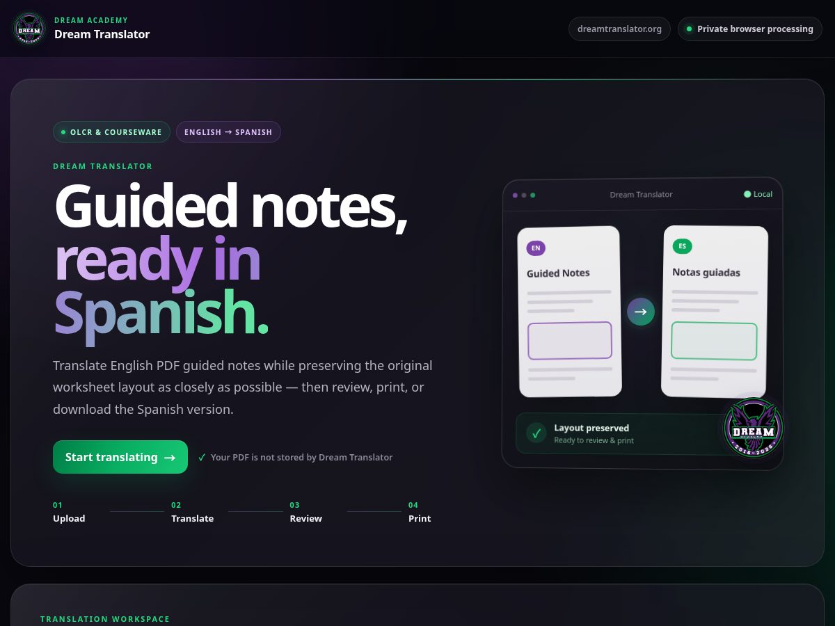 Landing-page snapshot of dreamtranslator.org