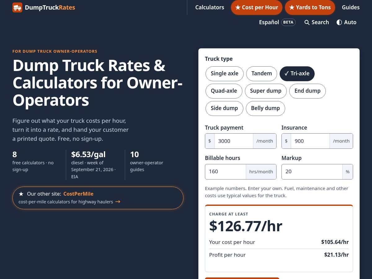 Landing-page snapshot of dumptruckrates.com