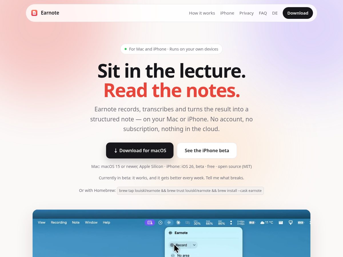 Landing-page snapshot of earnote.dev