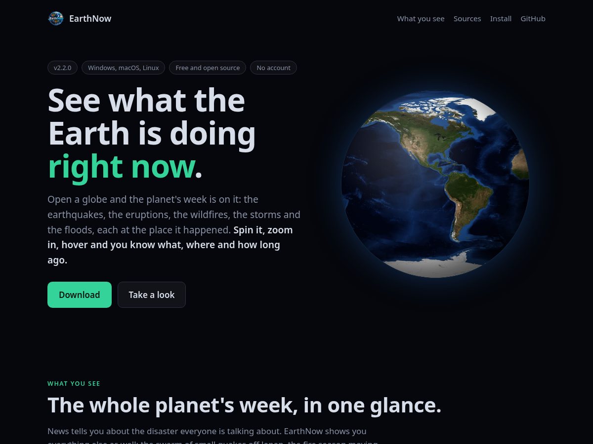 Landing-page snapshot of earthnow.world