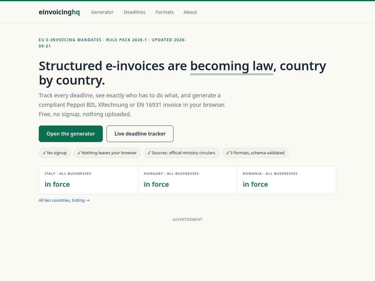 Landing-page snapshot of einvoicinghq.com