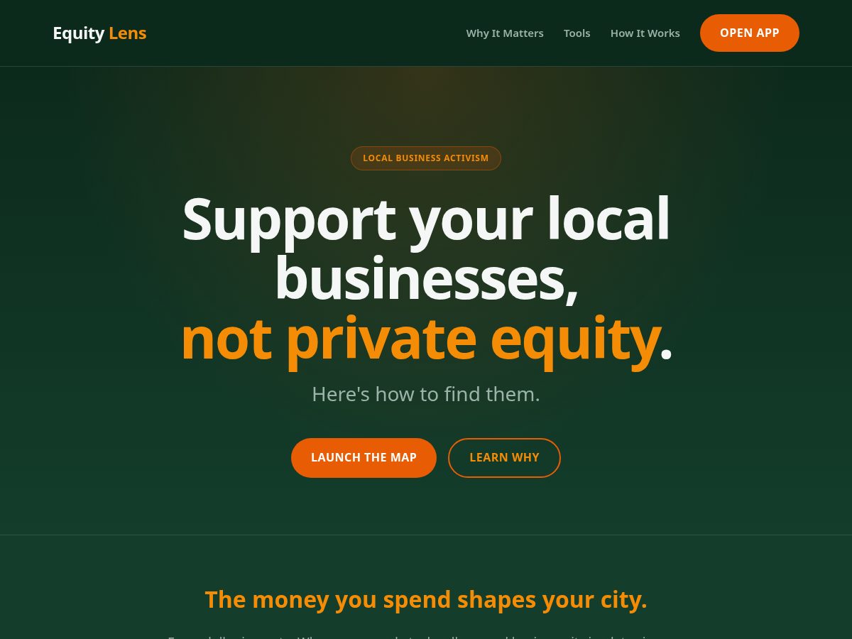 Landing-page snapshot of equitylens.biz