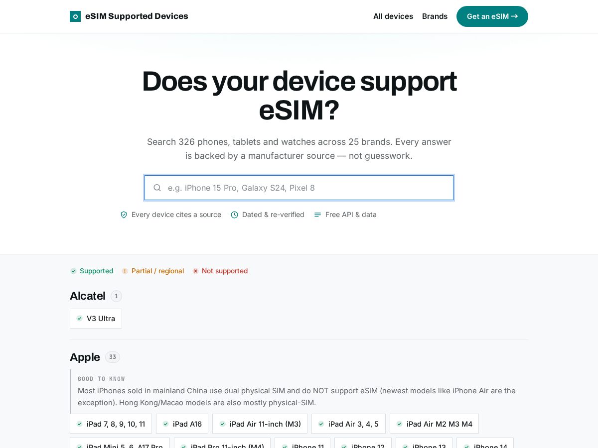 Landing-page snapshot of esimsupporteddevices.com