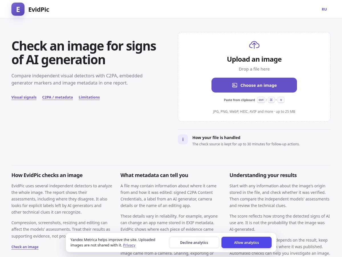 Landing-page snapshot of evidpic.app