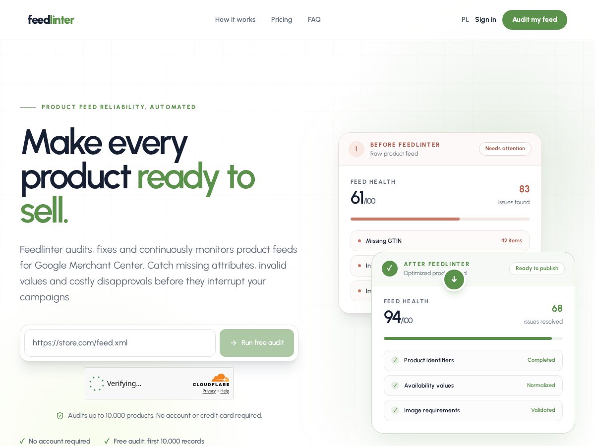Landing-page snapshot of feedlinter.com