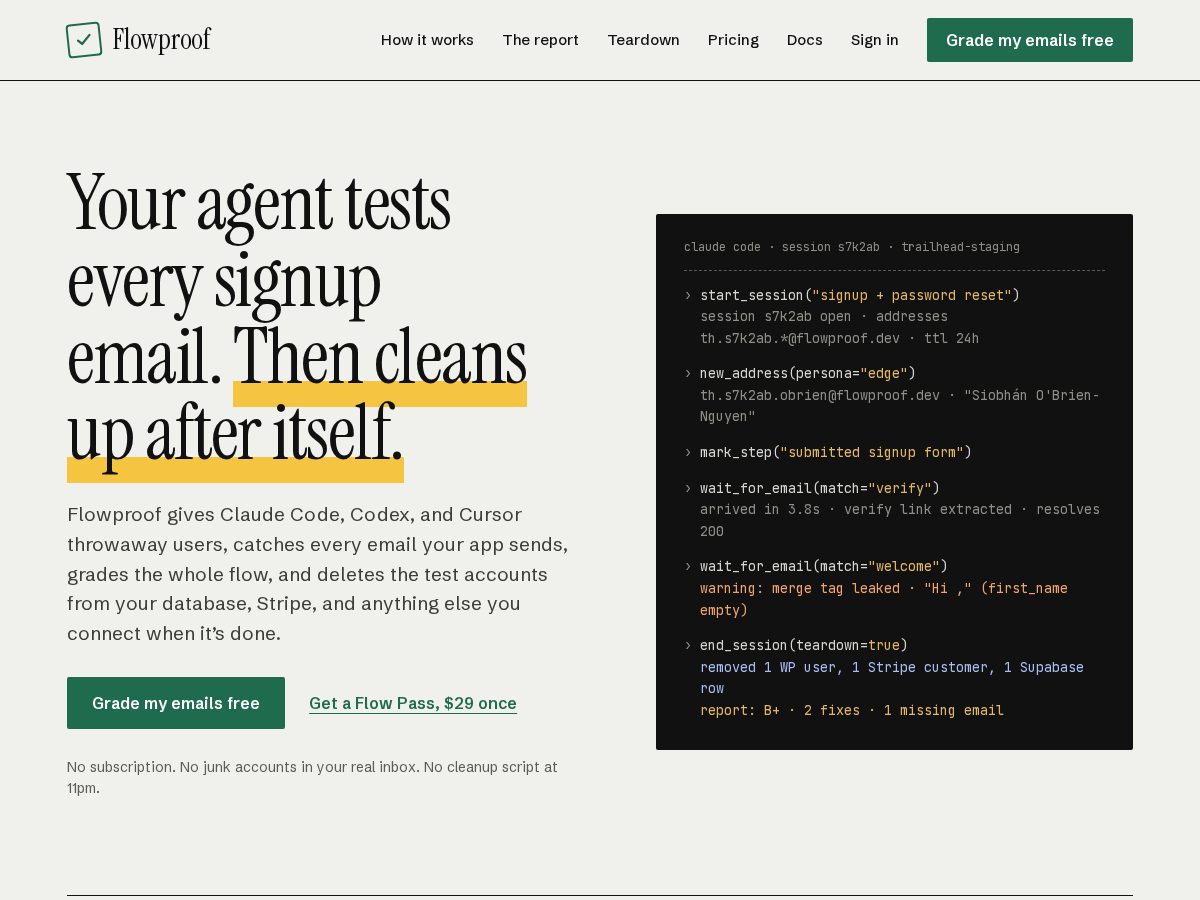 Landing-page snapshot of flowproof.dev