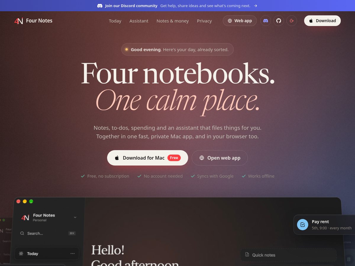 Landing-page snapshot of fournotes.xyz