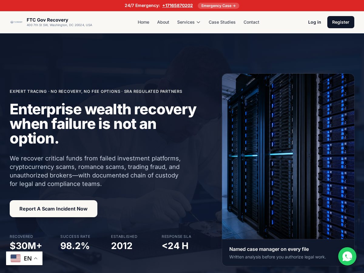 Landing-page snapshot of ftcgrecovery.org
