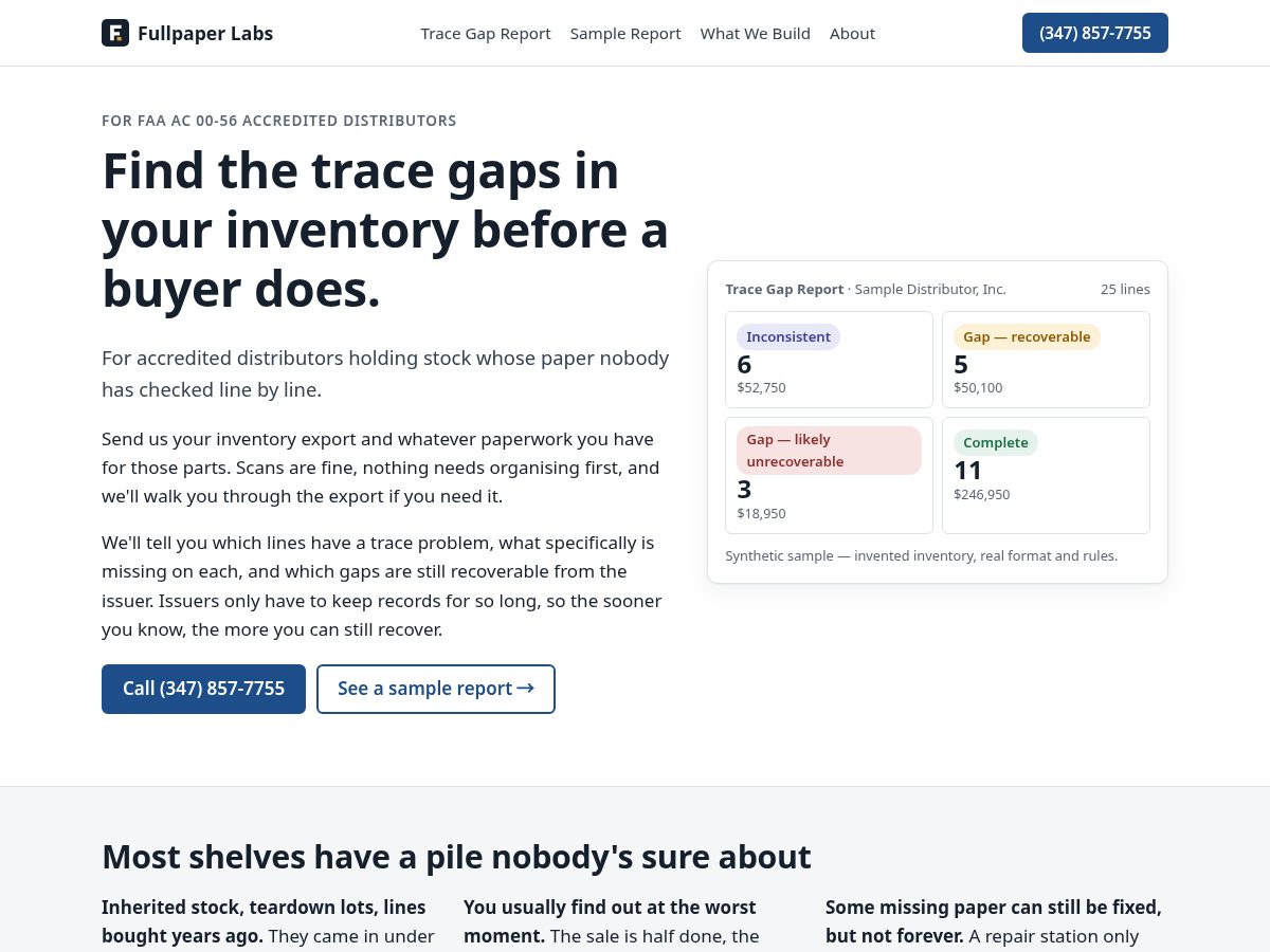 Landing-page snapshot of fullpaperlabs.com