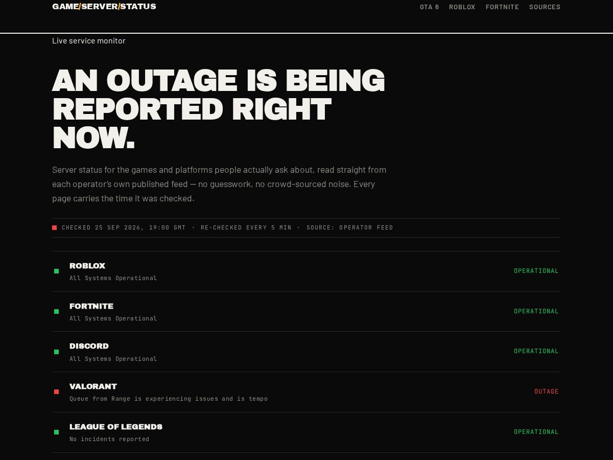 Landing-page snapshot of gameserverstatus.com