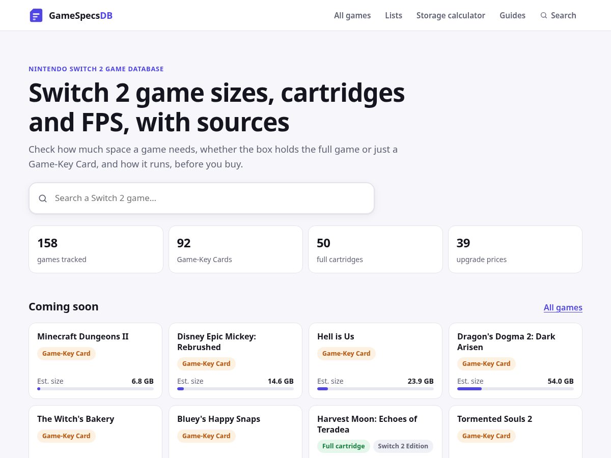 Landing-page snapshot of gamespecsdb.com