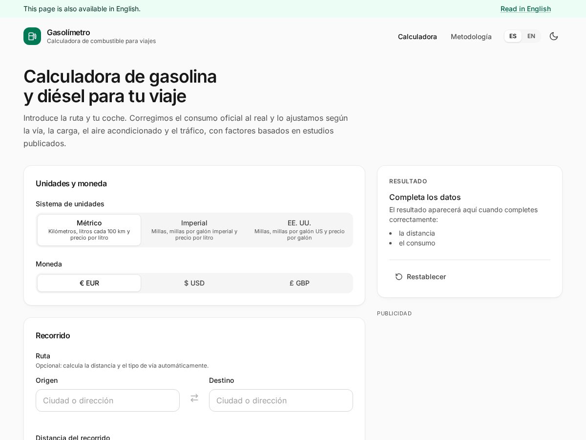 Landing-page snapshot of gasolimetro.com