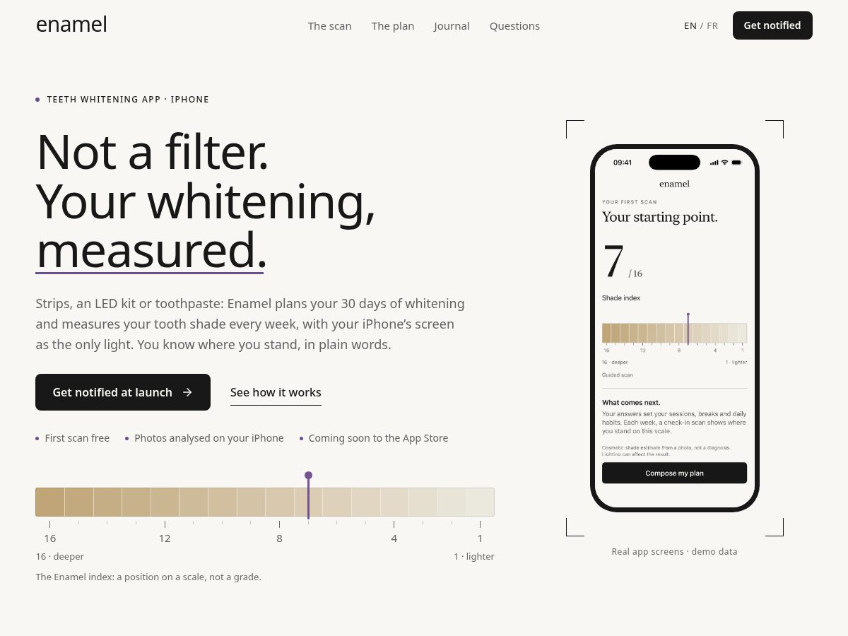 Landing-page snapshot of getenamel.app