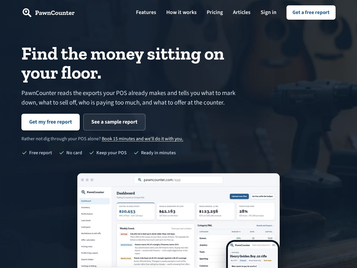 Landing-page snapshot of getpawncounter.com