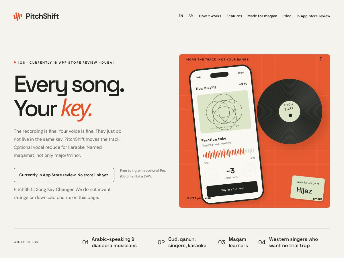 Landing-page snapshot of getpitchshift.com