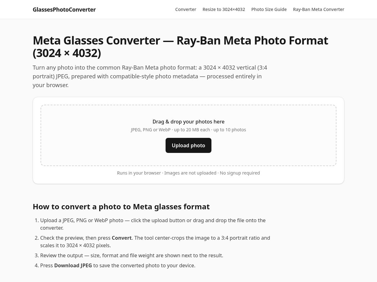 Landing-page snapshot of glassesphotoconverter.com