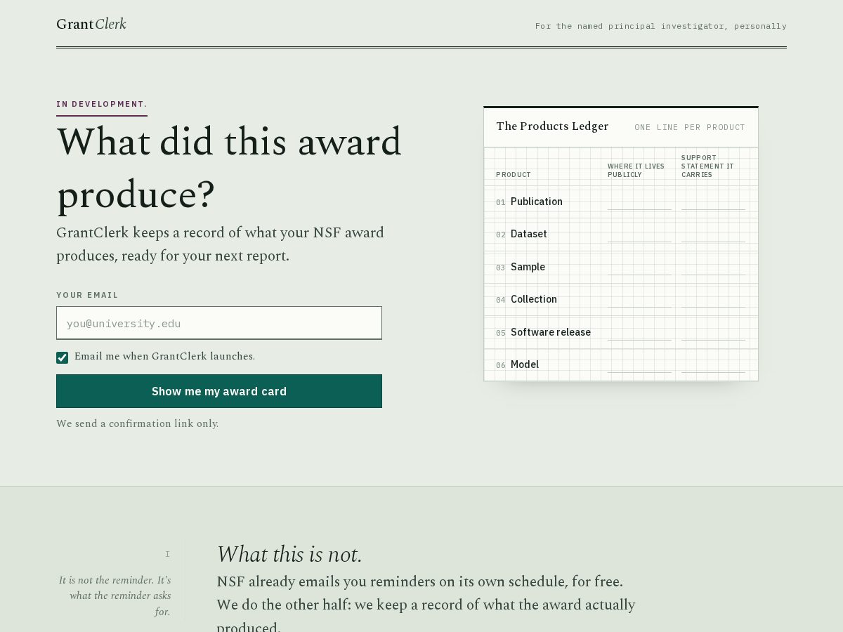 Landing-page snapshot of grantclerk.com