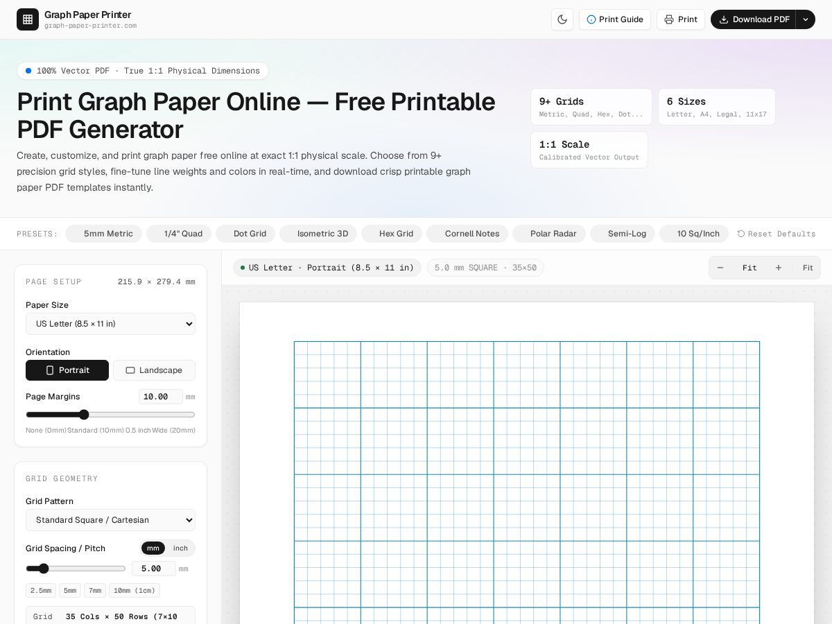 Landing-page snapshot of graph-paper-printer.com